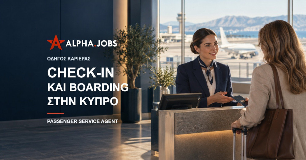 Ενδεικτική αεροδρομιακή σκηνή εξυπηρέτησης επιβάτη, με τίτλο Check-in και Boarding στην Κύπρο και το αυθεντικό λογότυπο Alpha.jobs.