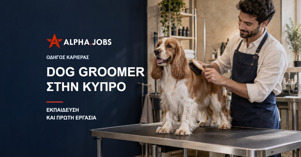 Ενδεικτική σύνθεση επαγγελματία που βουρτσίζει ήρεμο σκύλο σε χώρο καλλωπισμού, με τίτλο Dog Groomer στην Κύπρο και το αυθεντικό λογότυπο Alpha.jobs.
