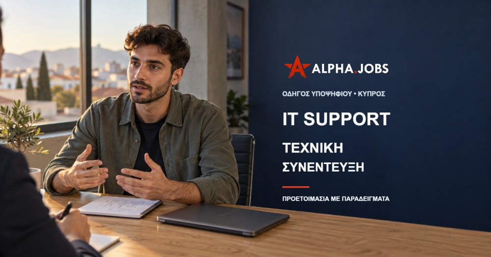 Υποψήφιος εξηγεί την προσέγγισή του σε τεχνική συνέντευξη IT Support, με λογότυπο Alpha.jobs και τίτλο οδηγού.