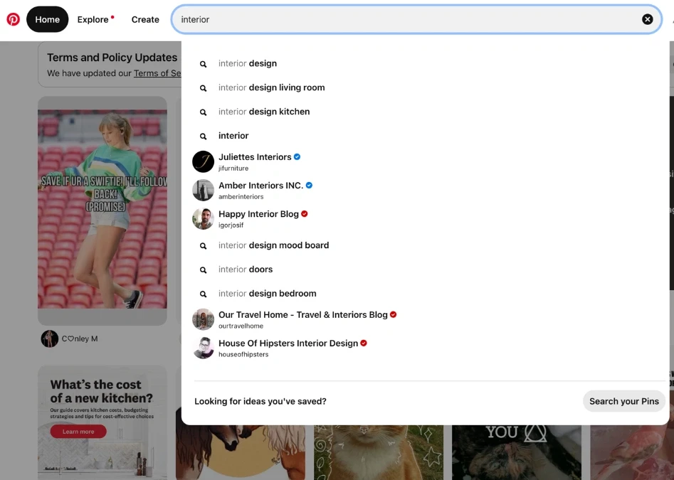 screen grab shows how Pinterest search terms work