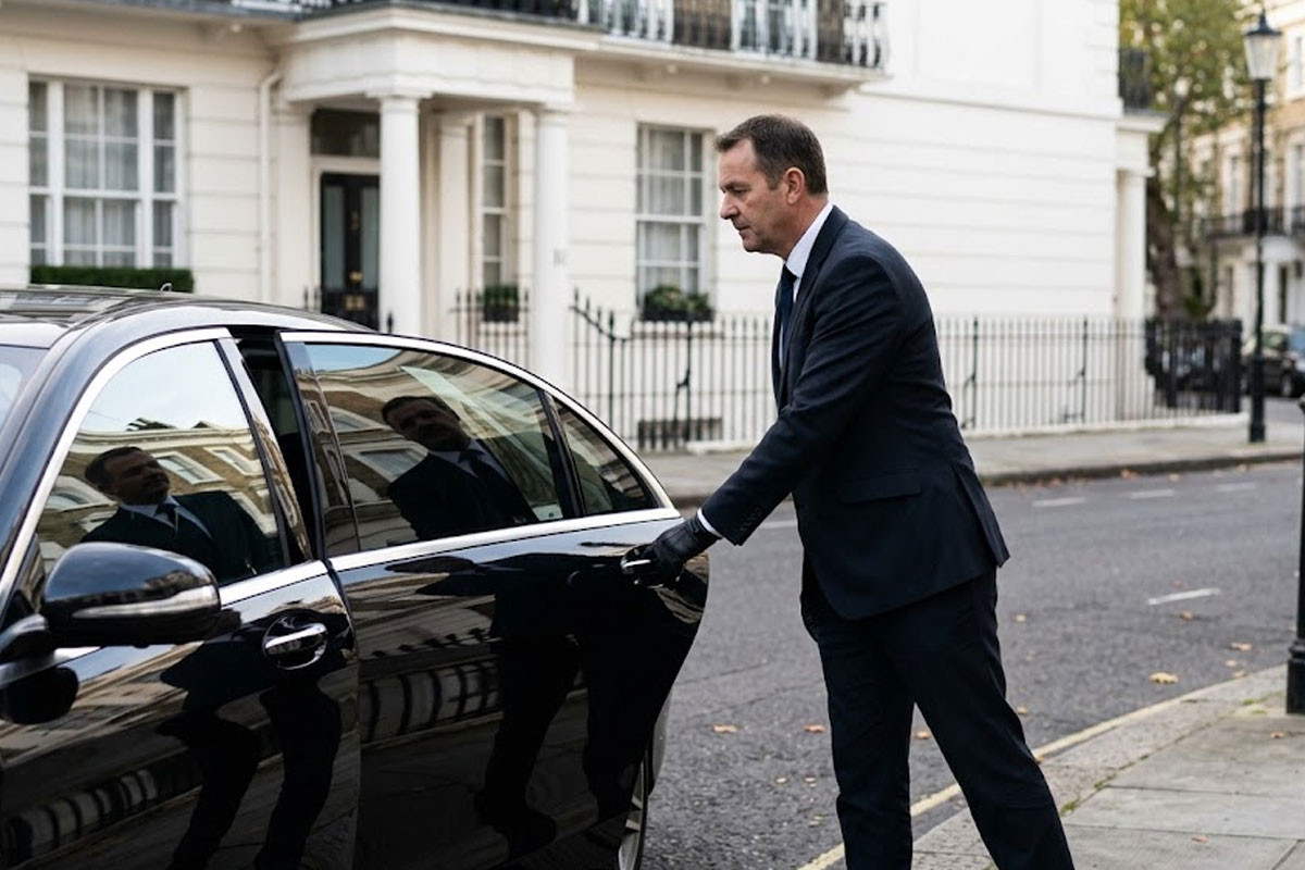 Temporary chauffeur outside a London townhouse