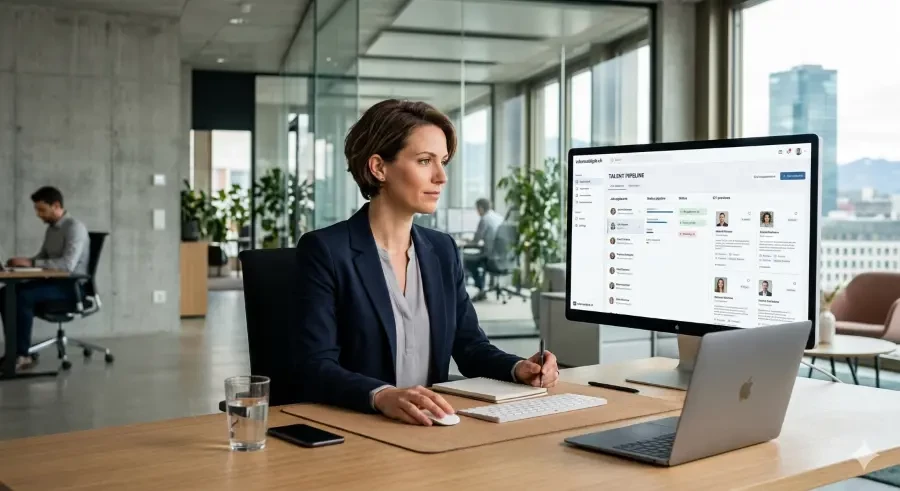 HR Managerin analysiert fokussiert Recruiting-Kanäle für IT-Fachkräfte in der Schweiz