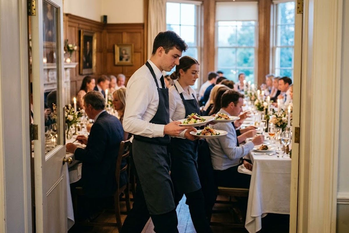 Waiting staff serving starters at a private dinner party