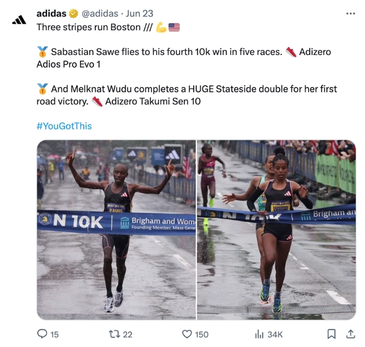 Adidas tweet celebrating athletes competing in the Boston Marathon