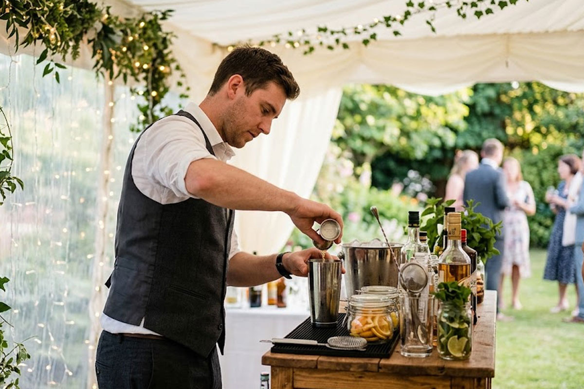Bar staff mixing cocktails at a private garden party