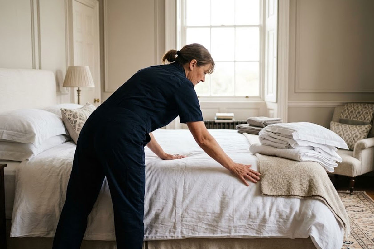 Temporary housekeeper preparing a guest bedroom