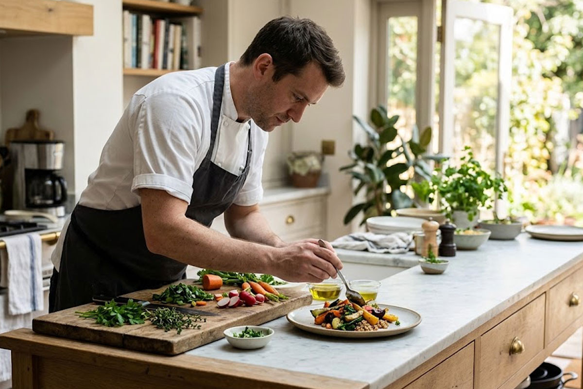 Temporary private chef plating a seasonal dish