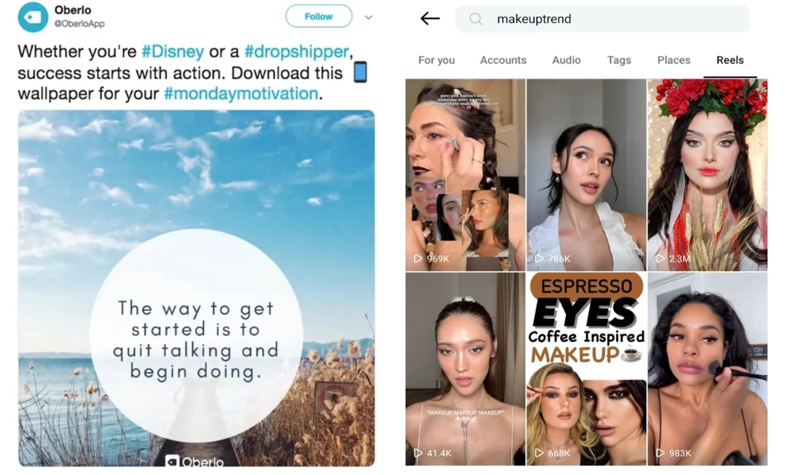 example of using hashtags on Instagram posts and reels