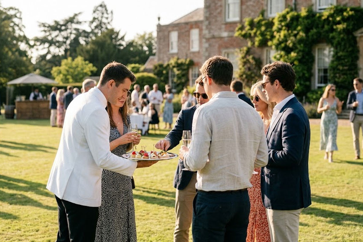 Waiting staff serving canapés at a garden drinks party
