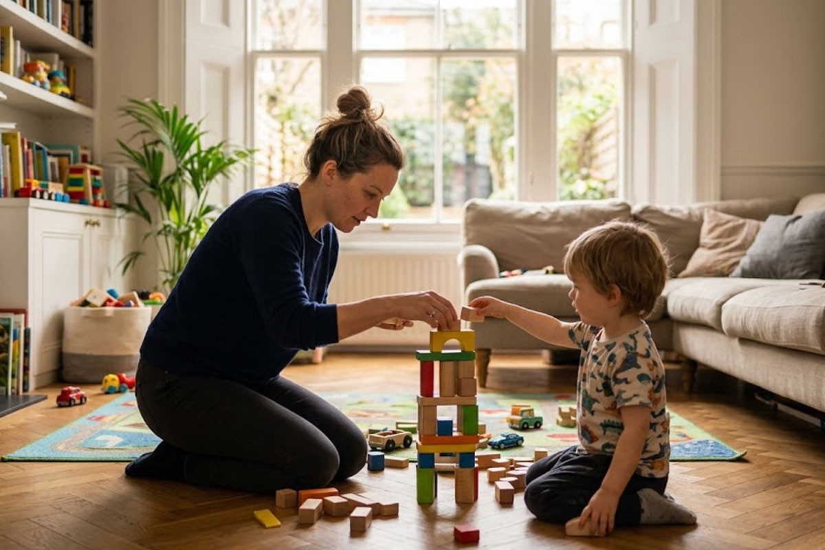 Temporary nanny playing with a child in a London family home