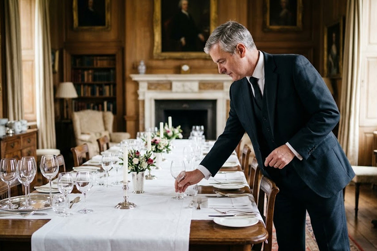 Temporary butler setting a formal dining table