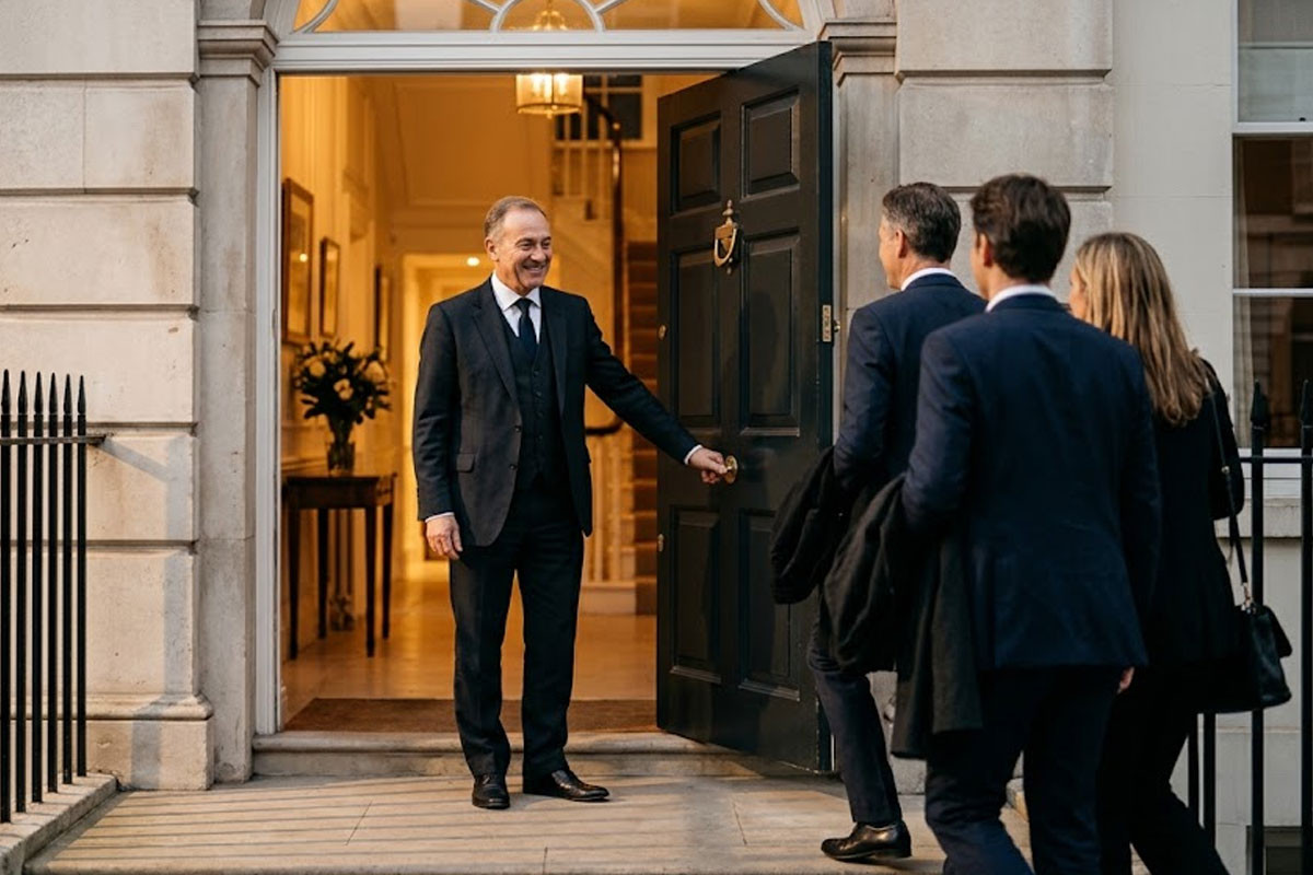 Event butler welcoming guests to a private party
