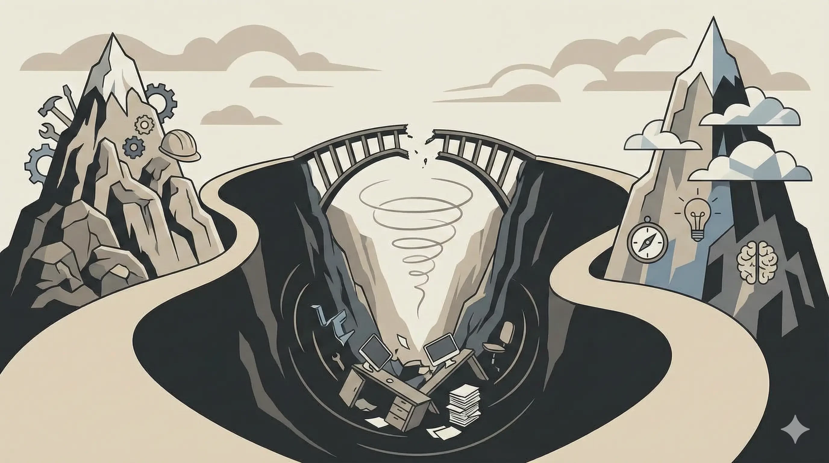 Symbolic illustration of two tall mountains representing high-value skilled trades and strategy roles, with a deep valley in the middle symbolizing the decline of routine digital office work.