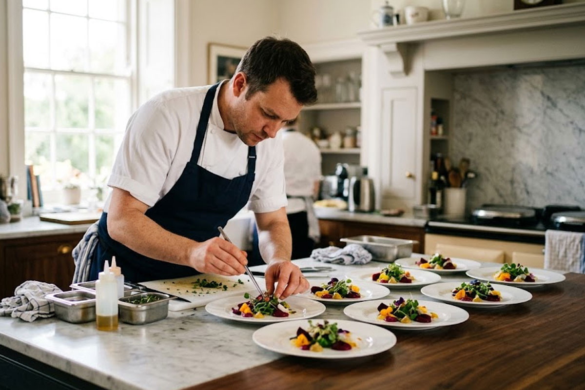 Private chef preparing a dinner party starter