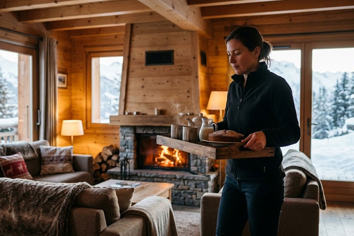 Chalet host serving afternoon tea in a ski chalet