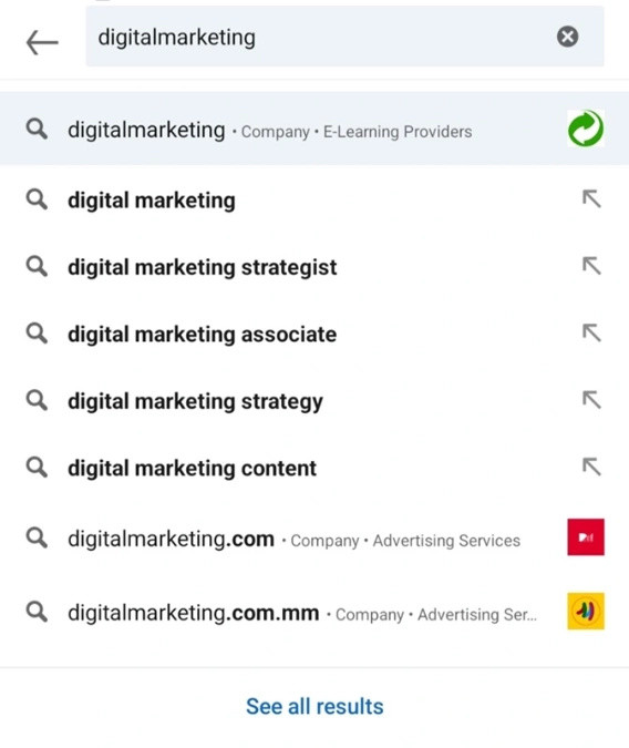 digital marketing content search results on LinkedIn
