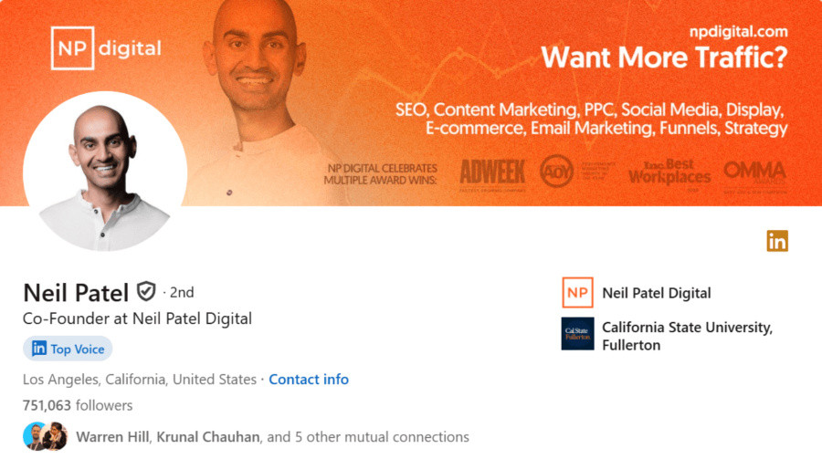 Neil Patel LinkedIn profile