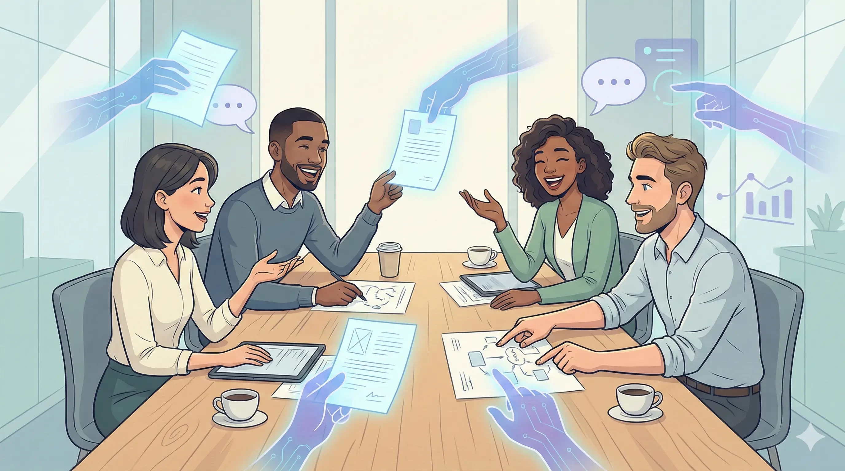 Illustration of people brainstorming at a table while translucent AI ‘ghost hands’ offer ideas, highlighting the value of human judgment in AI-assisted work.