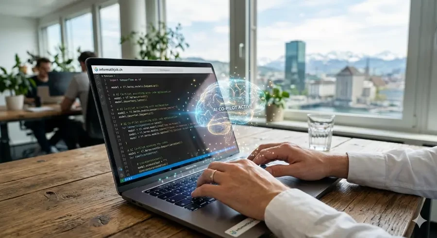 Informatiker arbeitet an Laptop mit KI-Unterstützung, Blick auf die Zürcher Skyline mit Prime Tower