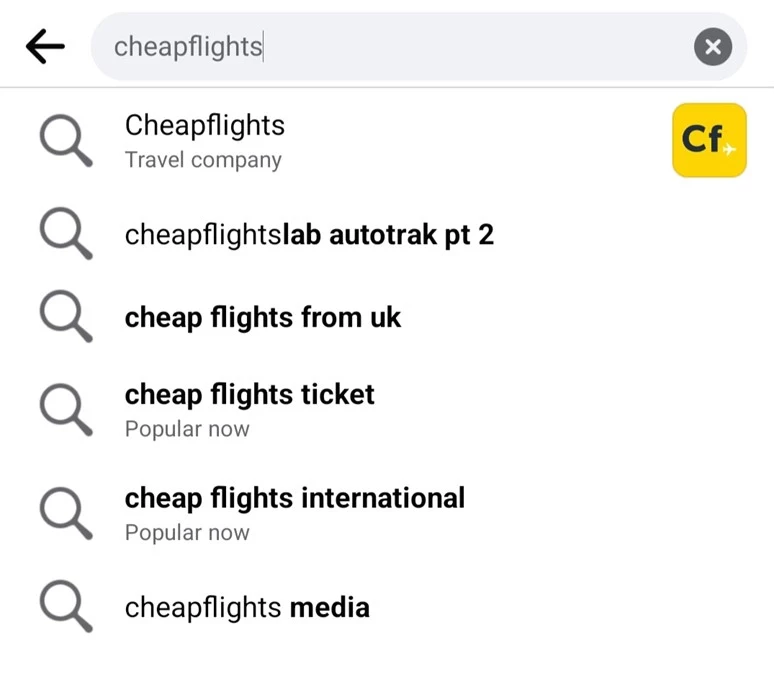 example of how a Facebook search might work looking for a generic hashtag like cheapflights